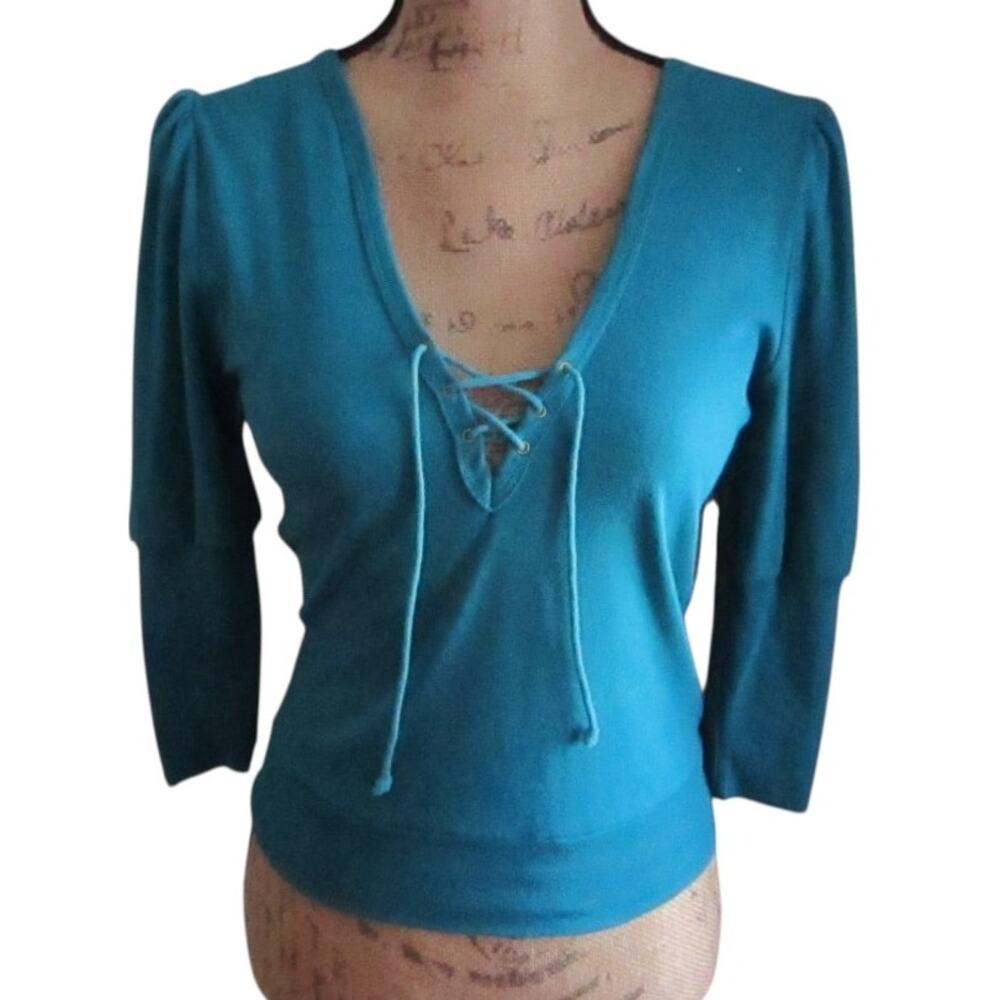 Vintage Heidi Green Sporty Top Lace Up Cropped 3/4 Sleeves